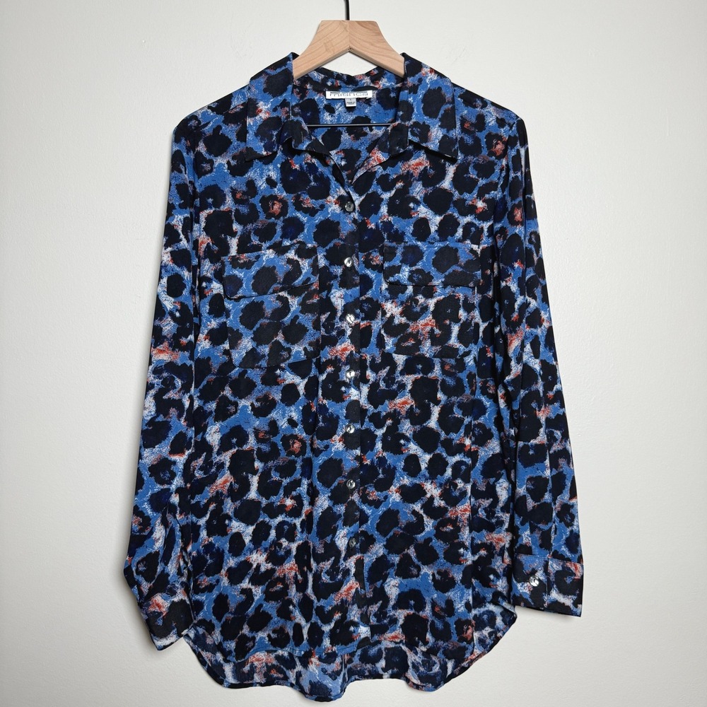 Mishca VTG Womens Blouse L Blue‎ Black Animal Print